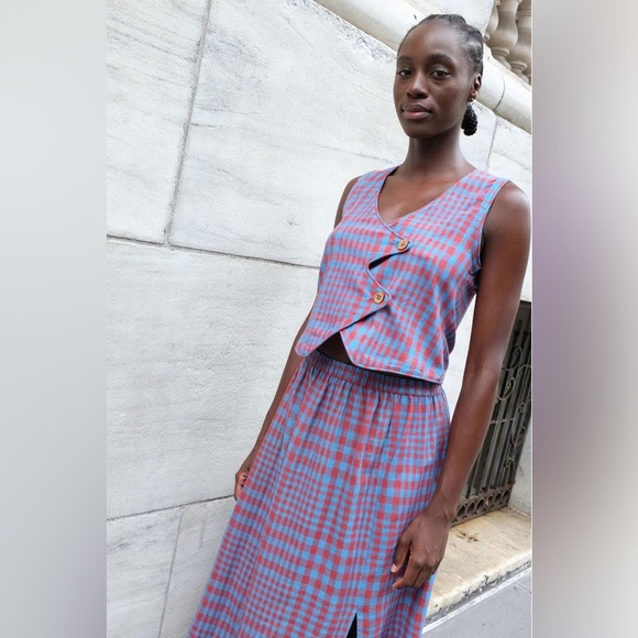 RUJUTA SHETH 100% Handwoven Cotton Carmen Vest Beacon Chex Red Blue Large NWT - Picture 3 of 11